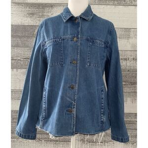 Talbots Women Denim Jean Jacket Sz M Fringe Button Pass Through Side Pockets
